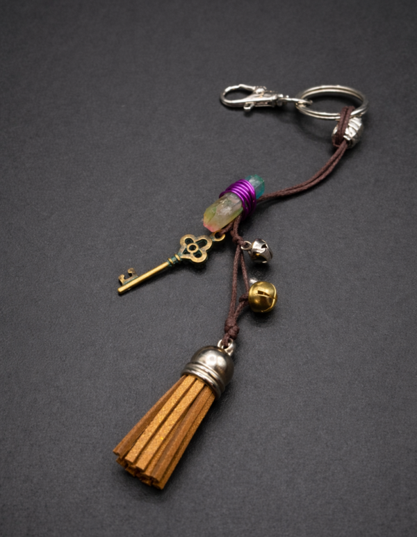 Boho Tassel Keychain with Crystal and Vintage Key Charm