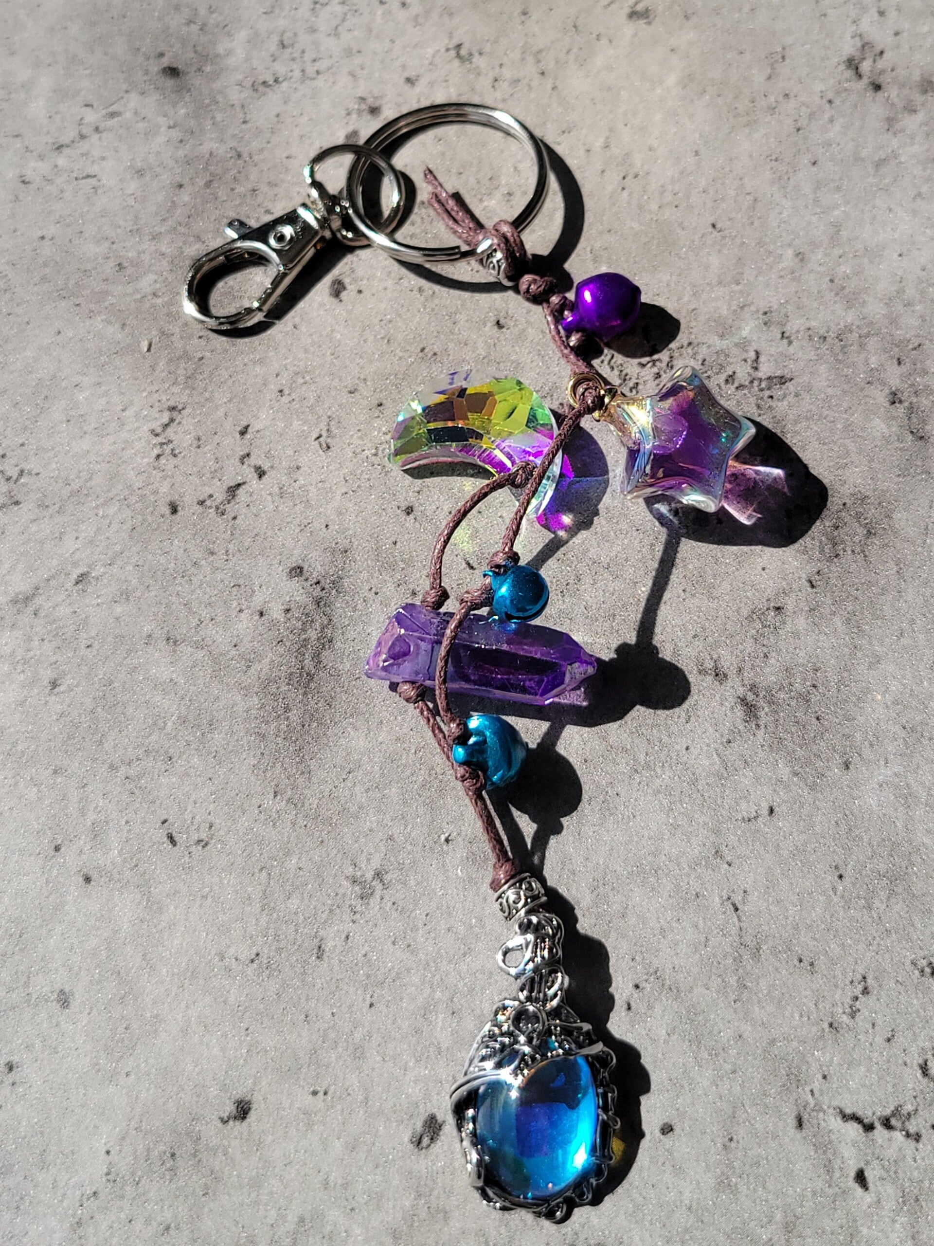 Mini Witch Bells Purple Crystal Moon Star Keychain
