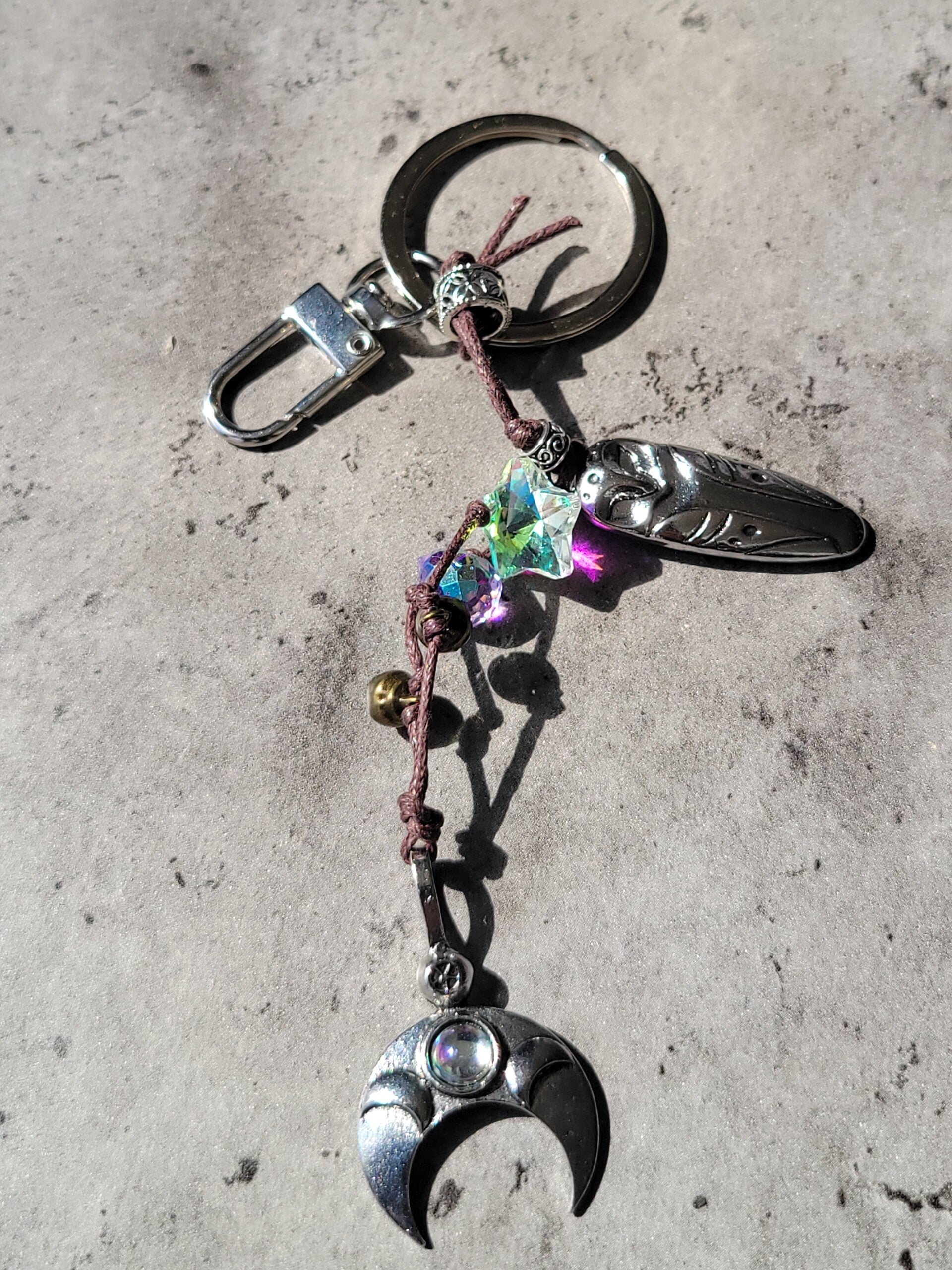 Mini Witch Bells Owl & Crescent Moon Crystal Keychain