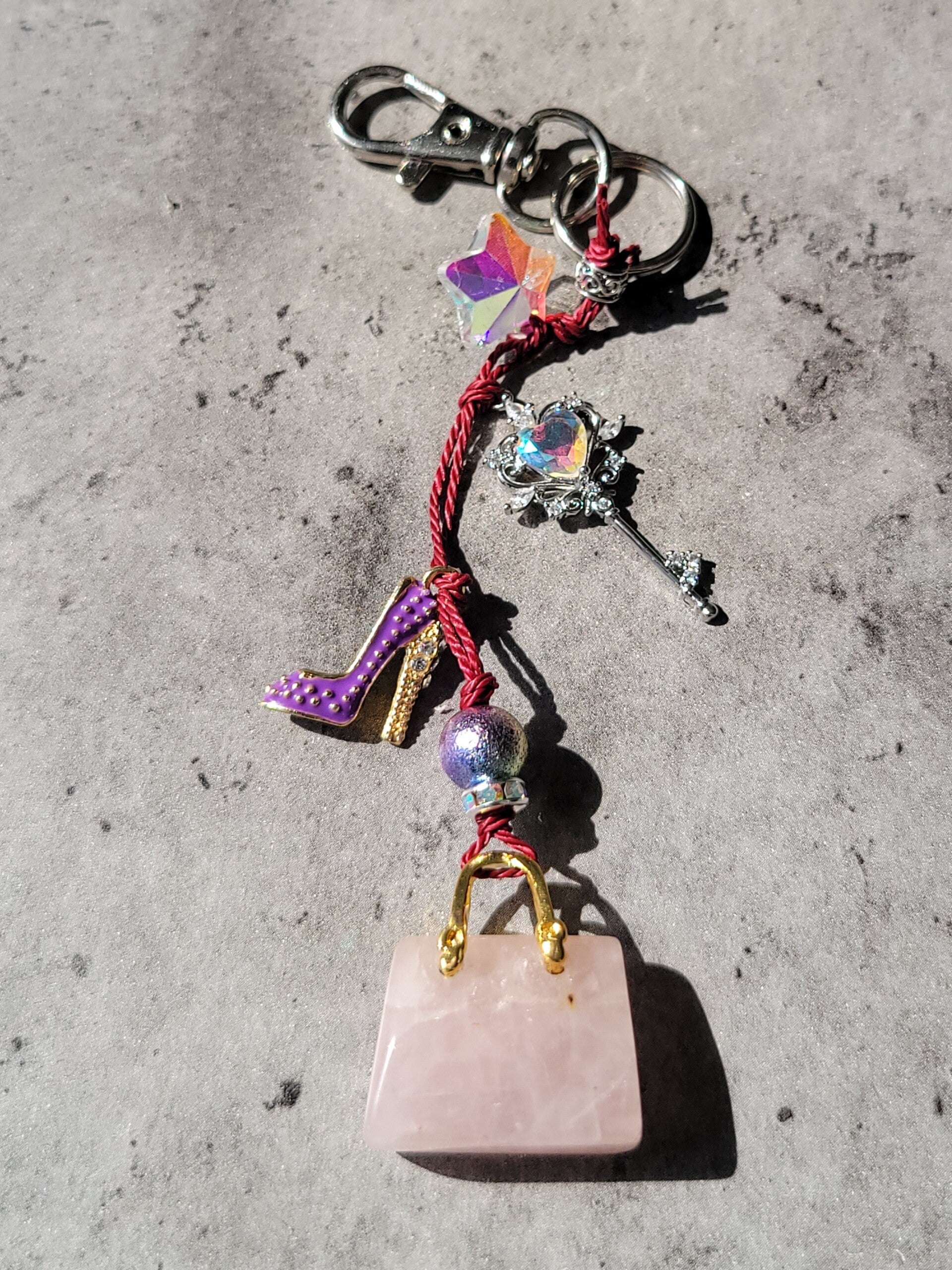 Rose Quartz Charm Keychain Purse Clip