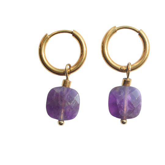 Amethist oorbellen goud vierkant facet