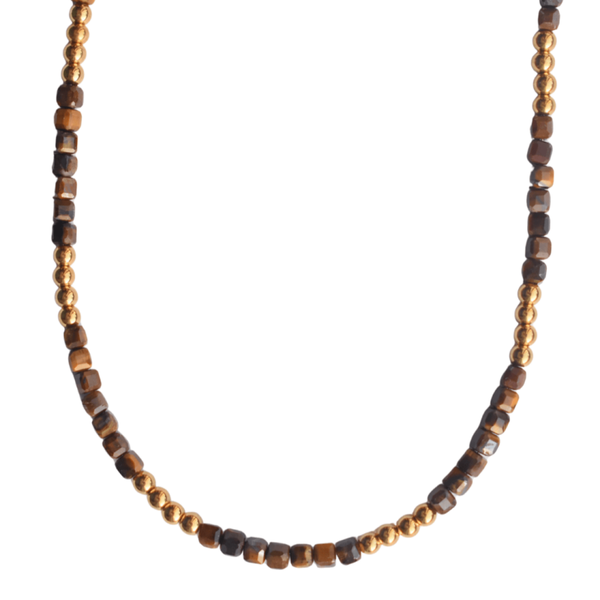 Bruine choker ketting tijgeroog met gouden kralen