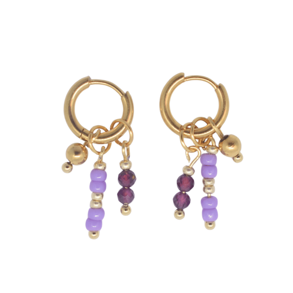 Gouden oorbellen bordeauxrood edelsteen granaat en paars