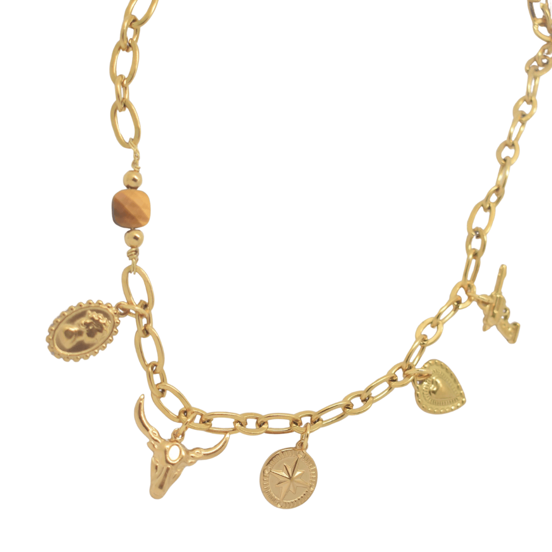 Ketting bedels cowboy tijgeroog goud