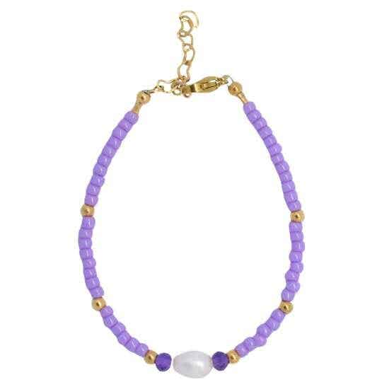 Amethist armband met paarse kralen en parel goud