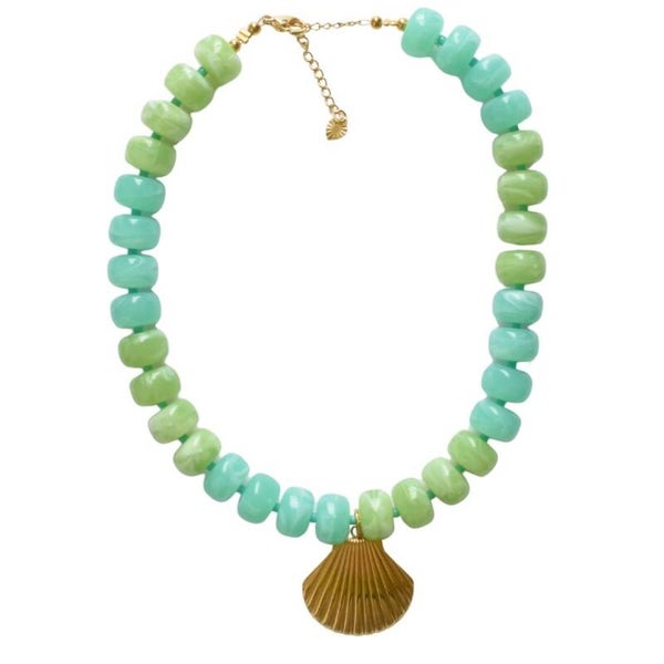 Kralen ketting met grote kralen en schelp groen
