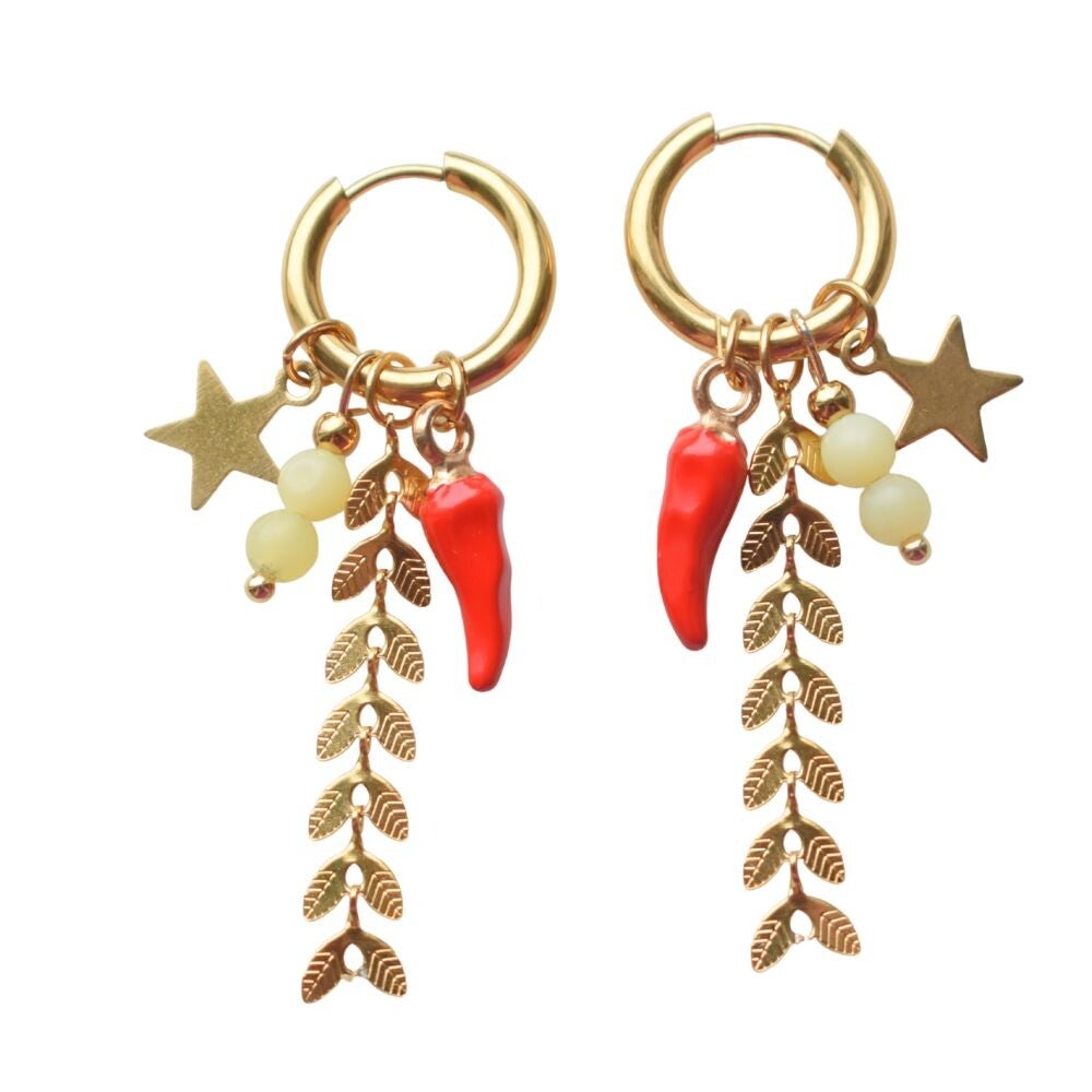 Oorbellen rode peper en jade goud