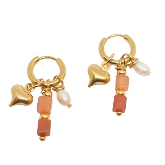 Hartjes oorbellen oranje jade goud