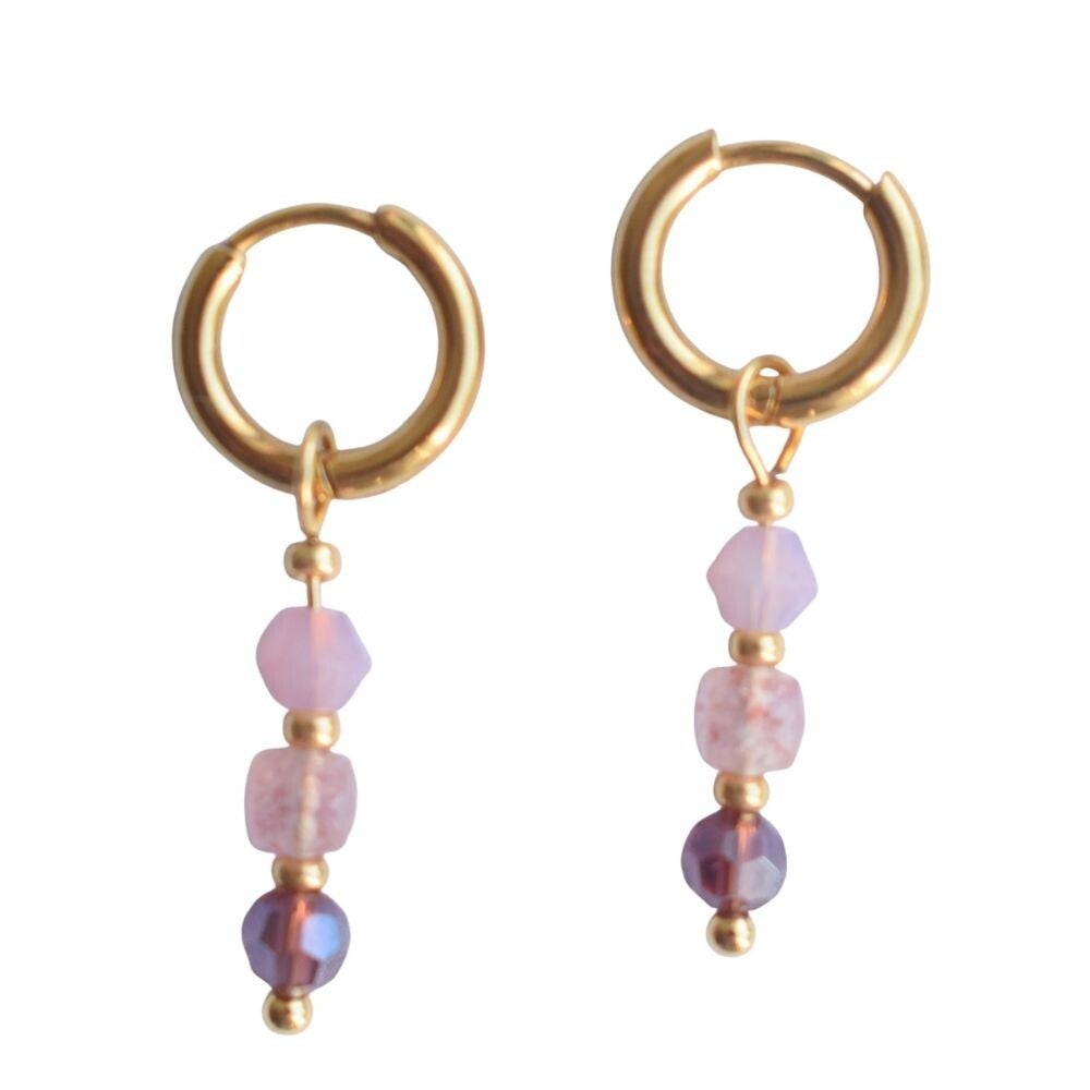 Roze oorbellen edelsteen aardbeienkwarts goud