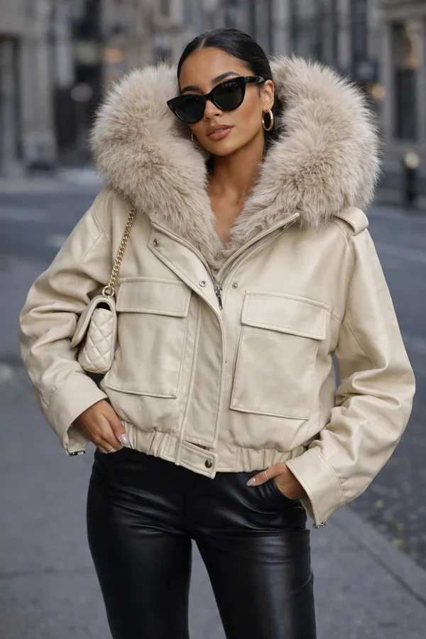 PU Fur Hooded Bomber Jacket