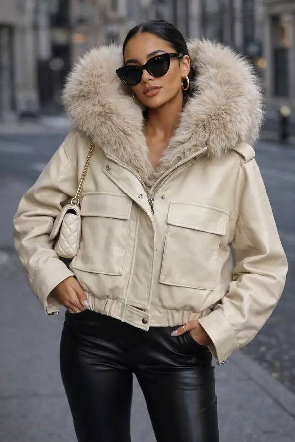 PU Fur Hooded Bomber Jacket