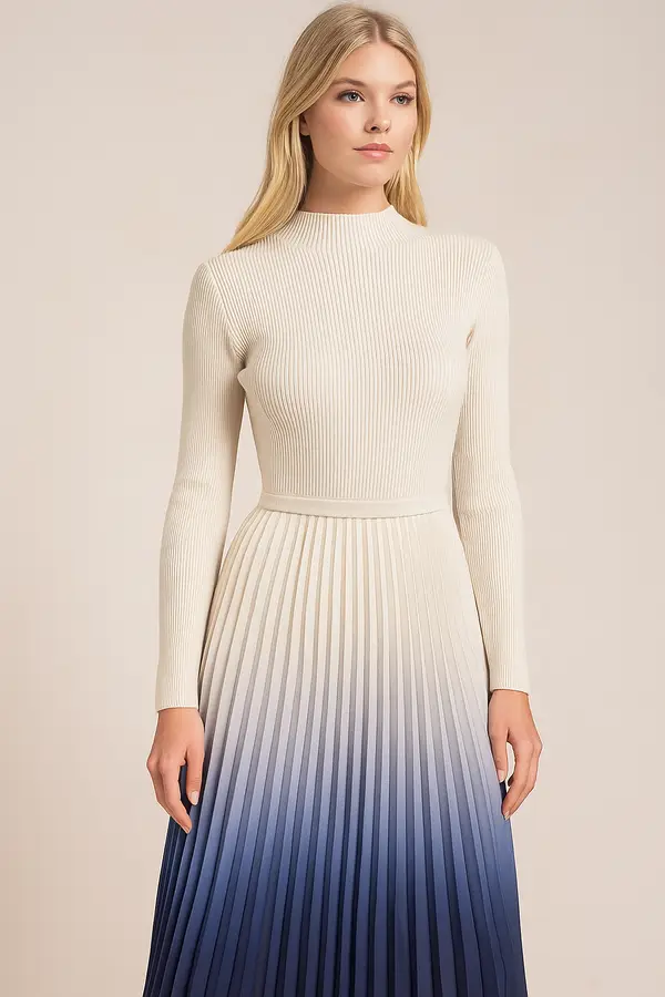 Blue Hombre Pleated Midi Dress