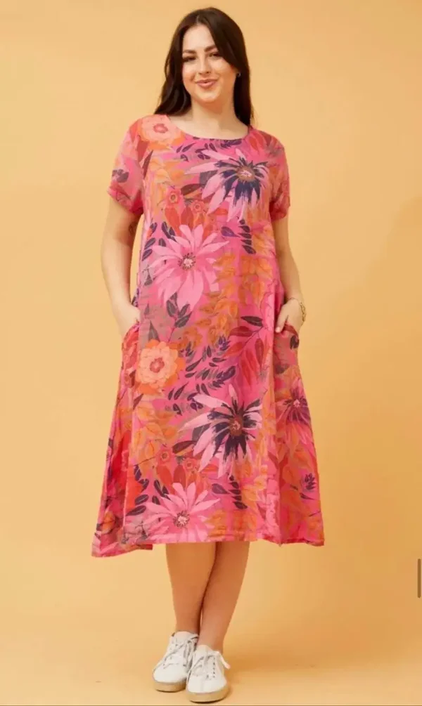 Pink pattern linen dress