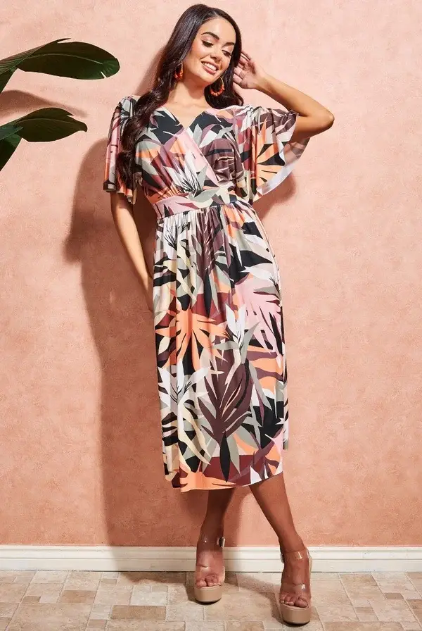Leaf Print Flutter Sleeve Dress