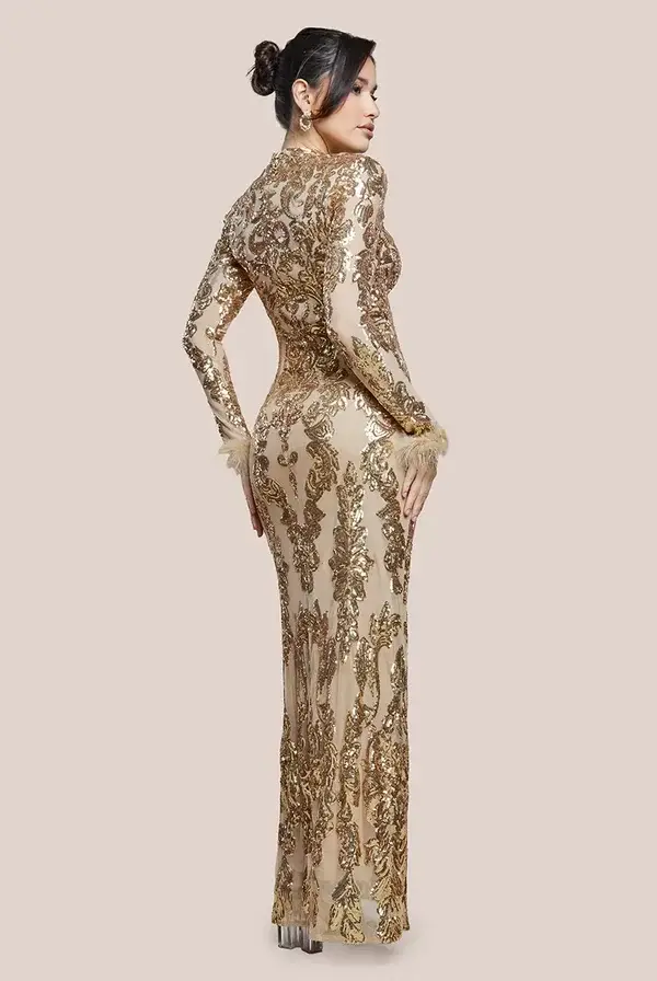 High neck feather cuff dress