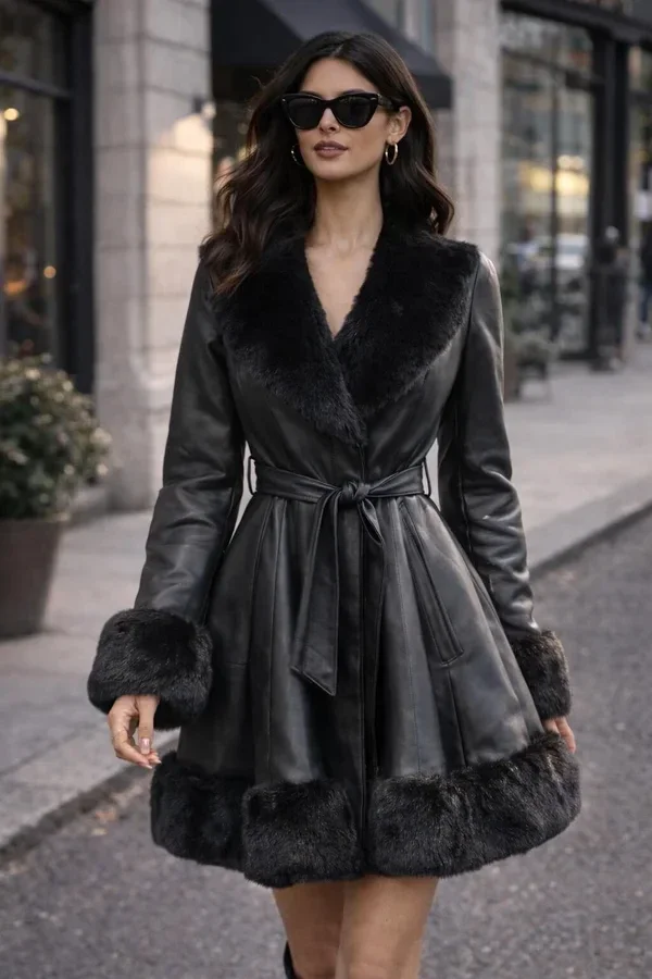Fur trim belted skater coat