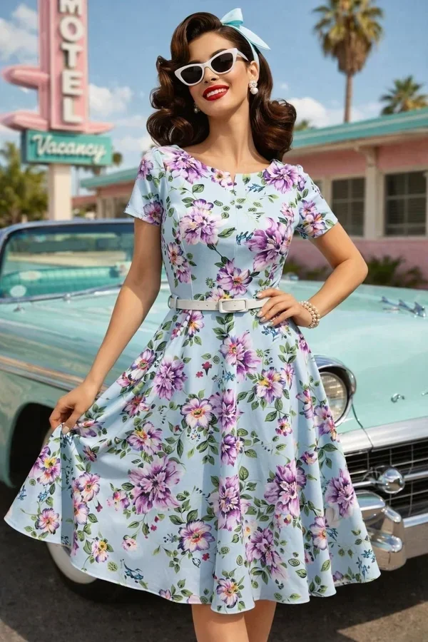 Lavender Floral Belted Swing Dress