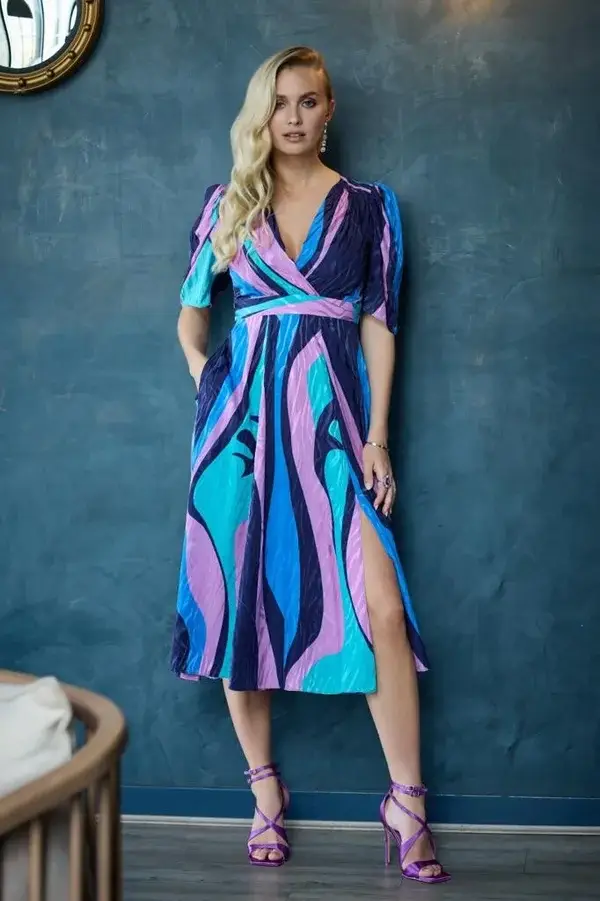 Navy Pattern Wrap Designer Dress