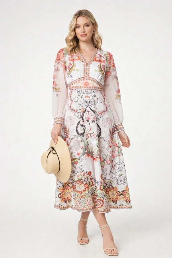 Printed V Neck Midi Dress