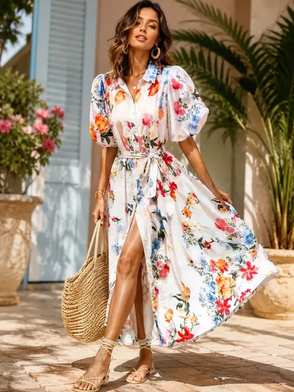 Floral Puff Sleeve Shirt Dress