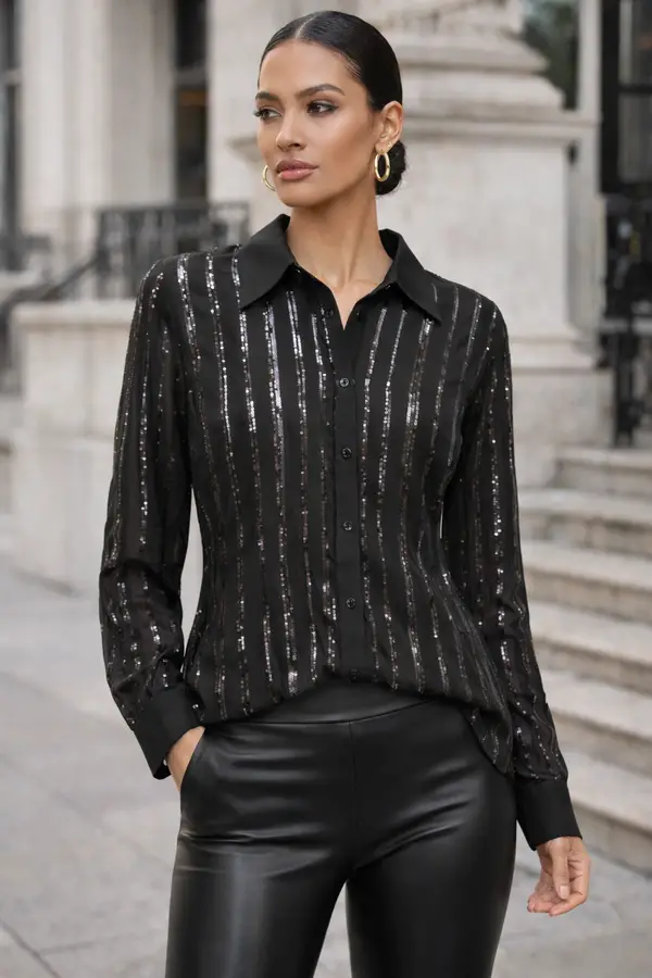 Sequin Button Front Shirt