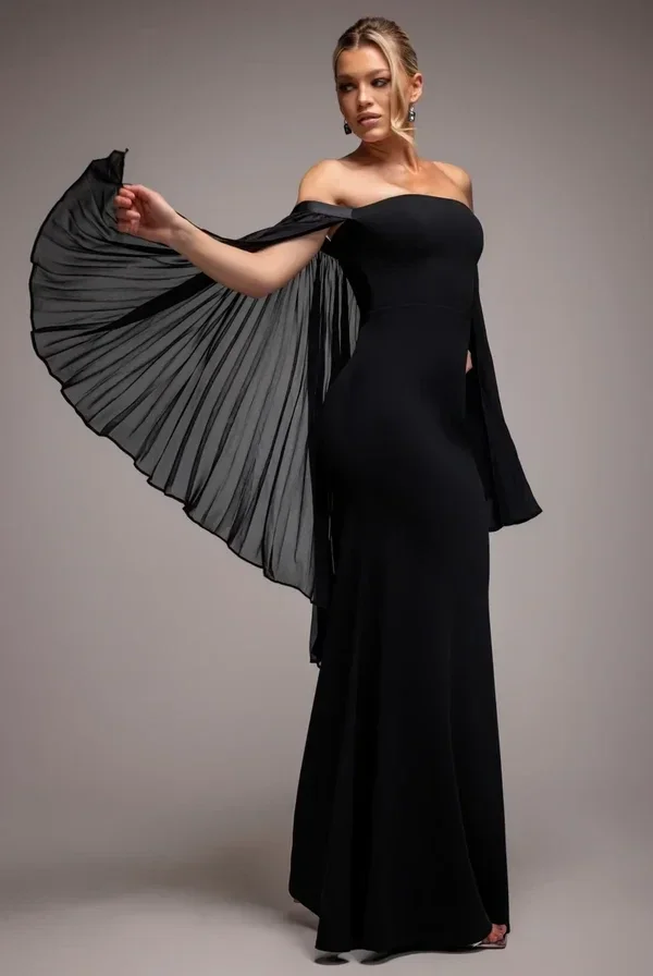 Strapless Evening Dress with Chiffon Cape