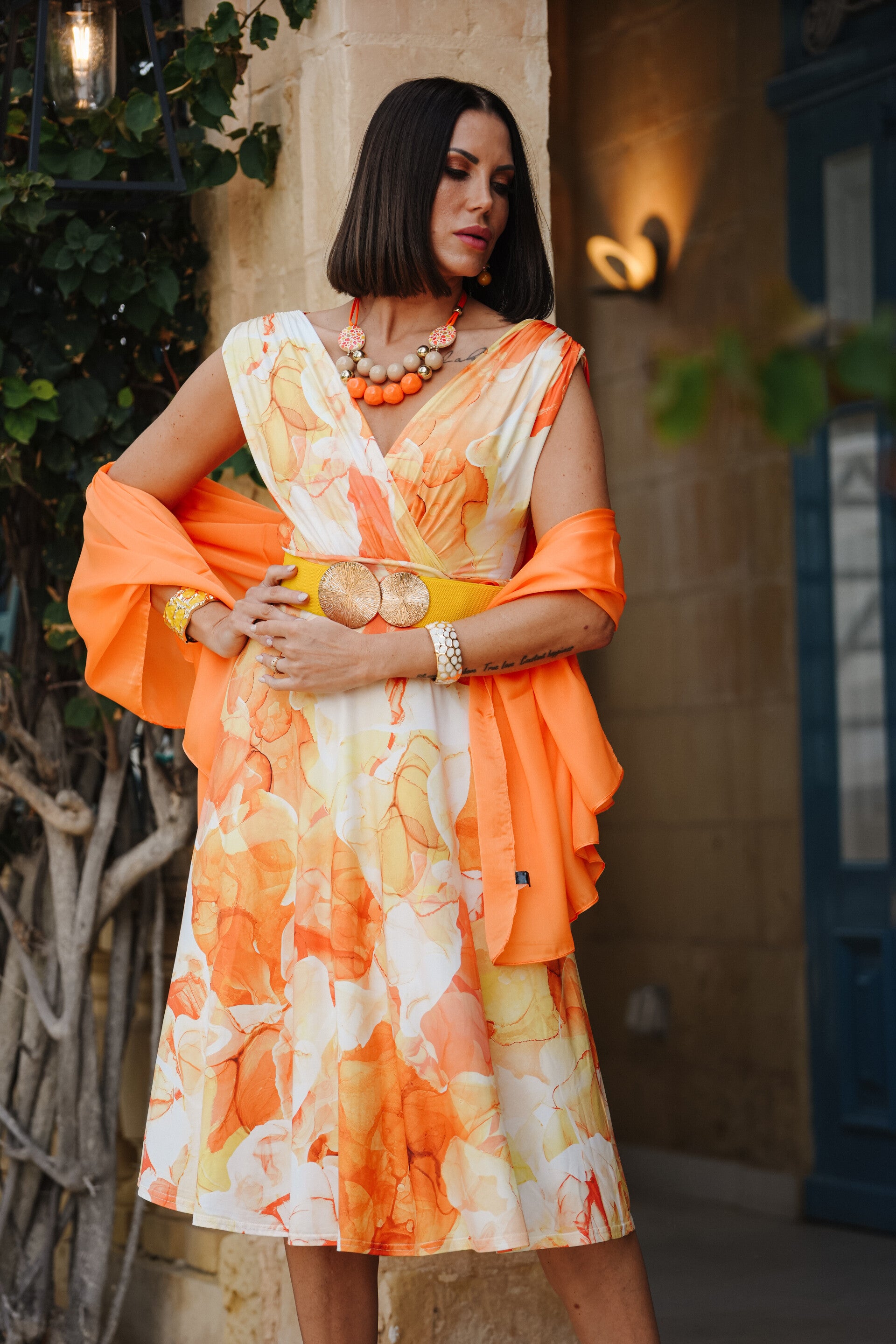 Orange Pattern Slinky Dress