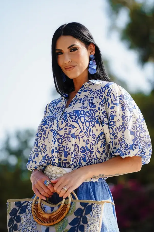 Blue Pattern Puff Sleeve Dress