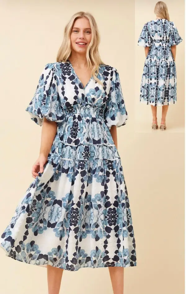 Blue Pattern Puff Sleeve Dress