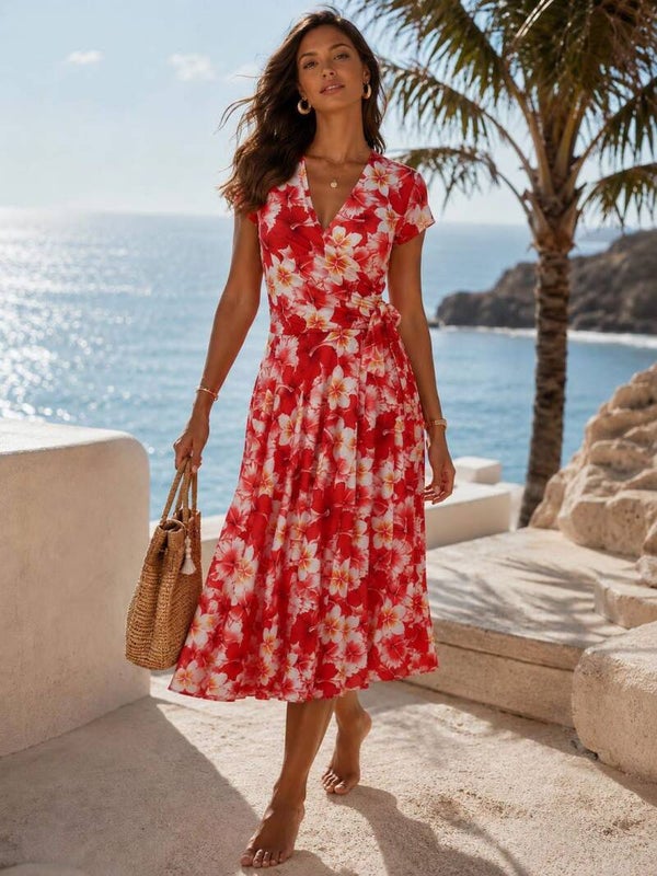 Coral Floral Wrapover Dress