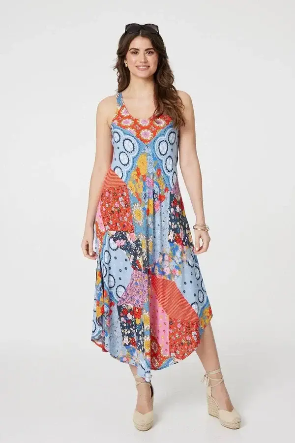 Patchwork sleeveless Midi dress