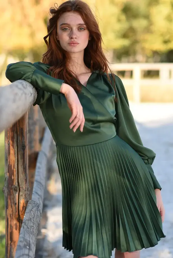 Olive Wrap Pleated Designer Dress