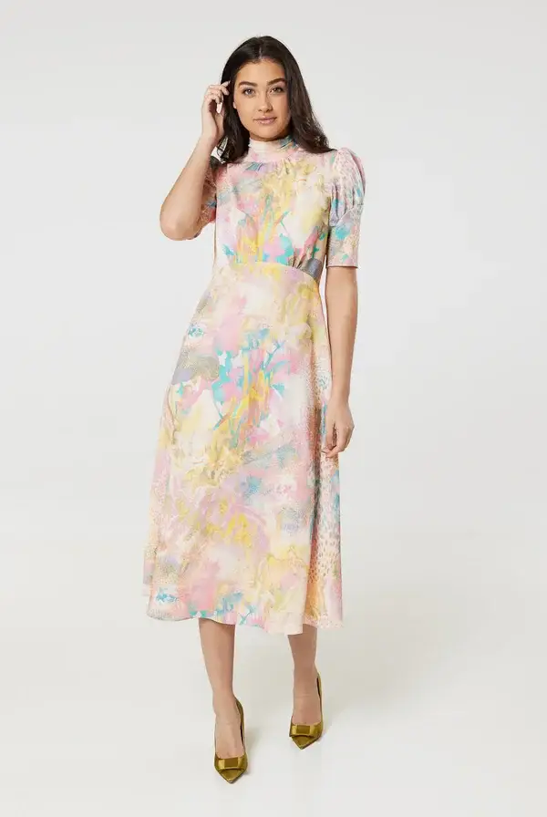 Yellow Tie Neck Designer Dress