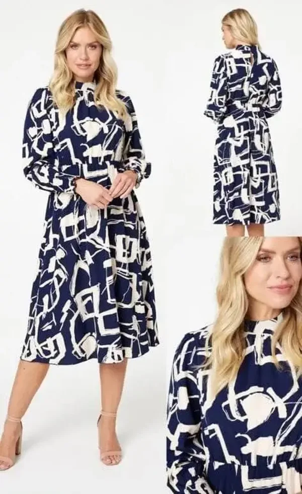 Navy Pattern High Neck Dress