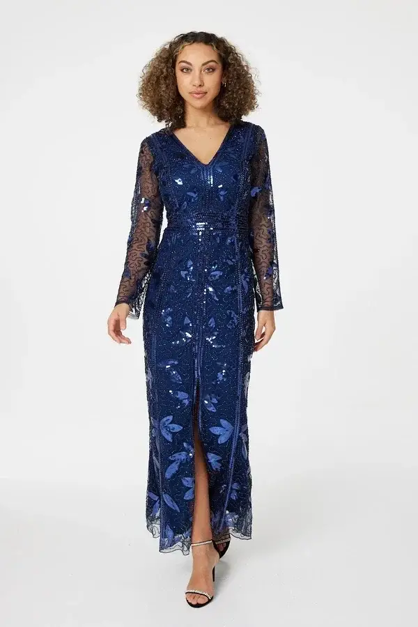 Navy Fully Beaded Evening Dress