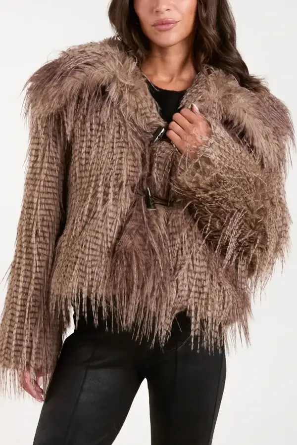 Toggle Clasp Feathered Fur Jacket