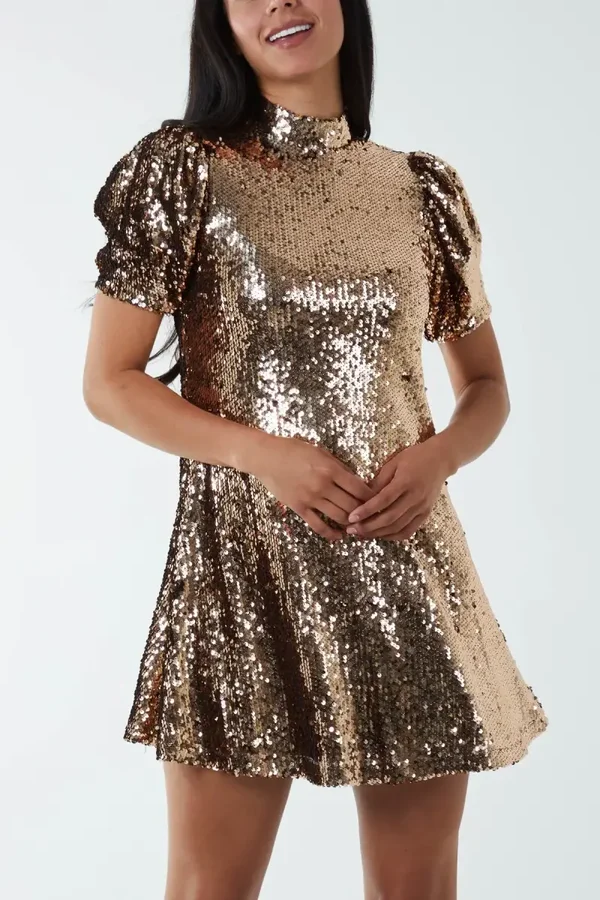 Puff Sleeve Highneck Sequin Dress