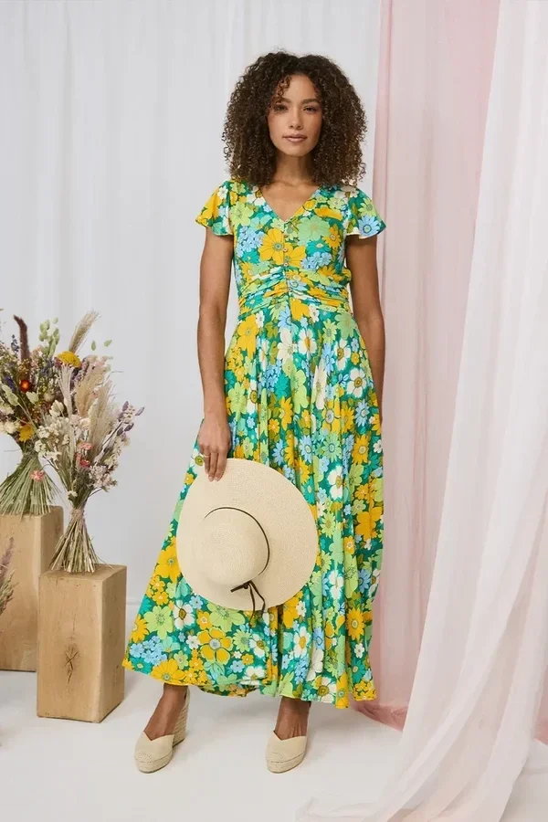 Floral Ruched Cap sleeve Maxi Dress