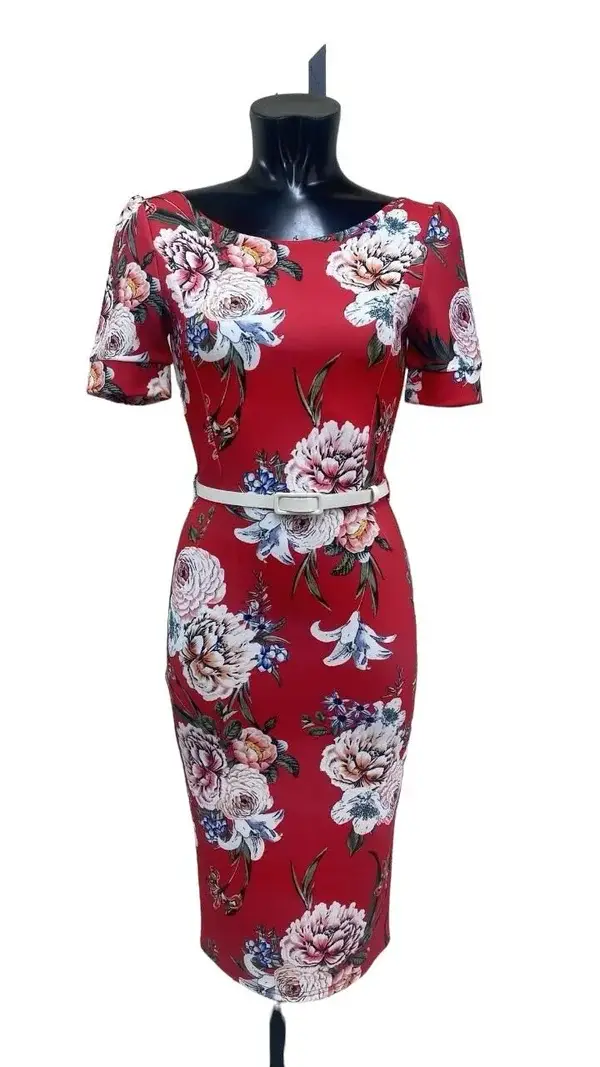 Red Floral Belted Dress