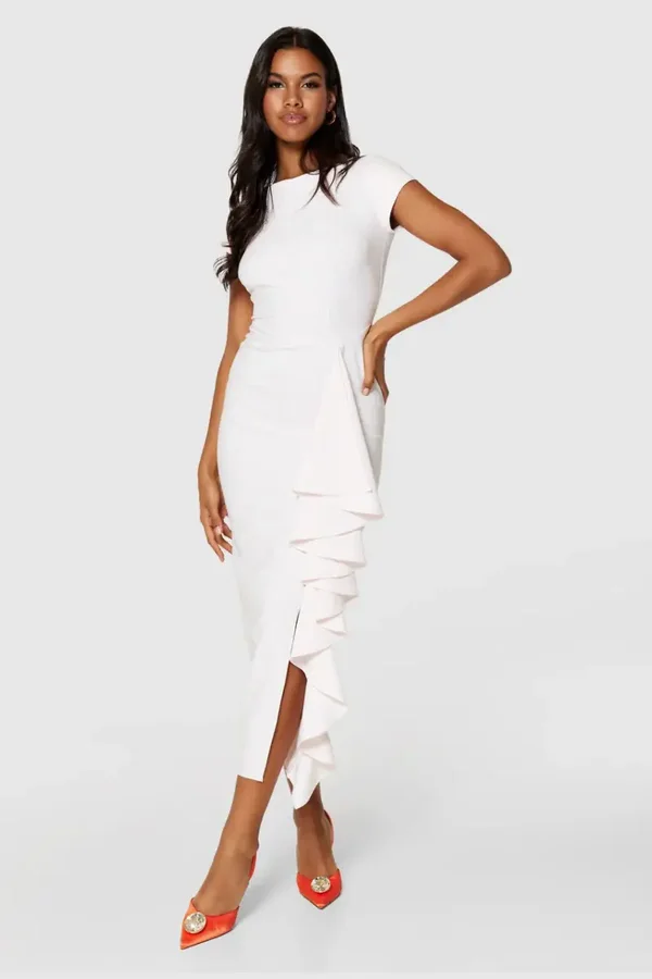 Pinstriped Draped Pencil Designer Dress