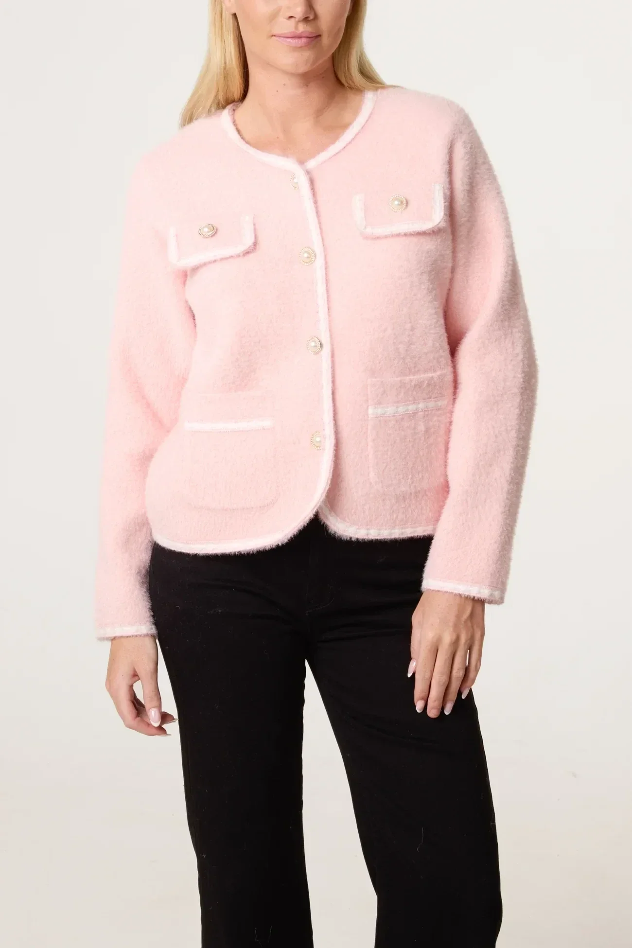 Pearl Button Fluffy Knit Cardigan