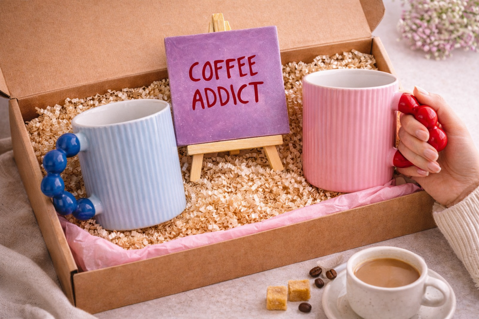 Koffie cadeau set - 2 mokken & coffee addict tegeltje