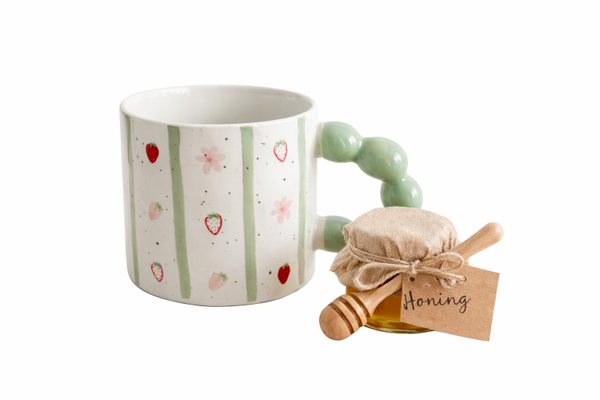Porseleinen mok met aardbeien design - pastelgroen - cadeau voor jezelf