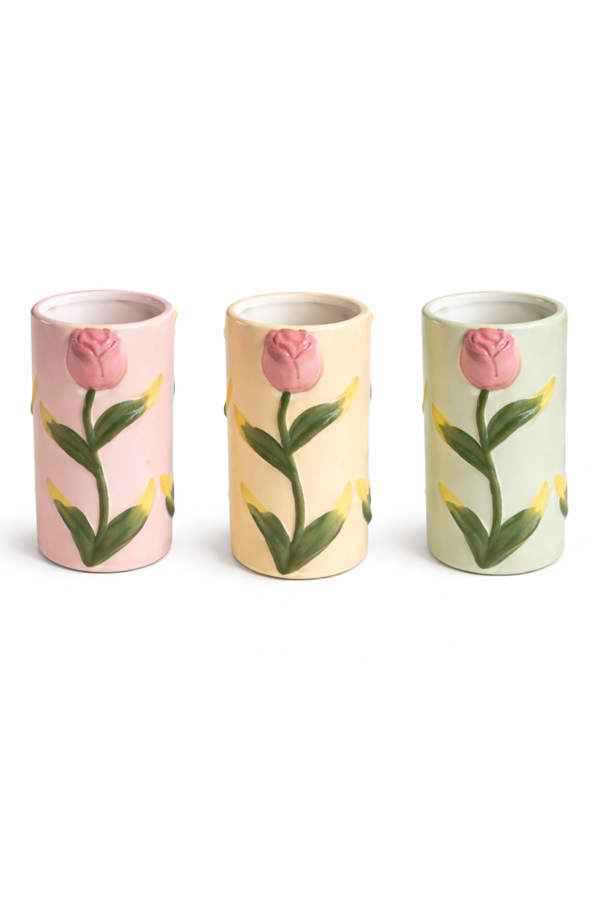 Keramieken vaas tulpen - 3 kleuren - Roze, geel, groen - cadeau voor haar