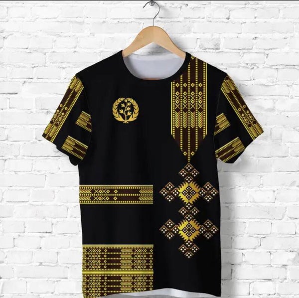 Golden cross printed  BLack T-shirt with Eritrean olive