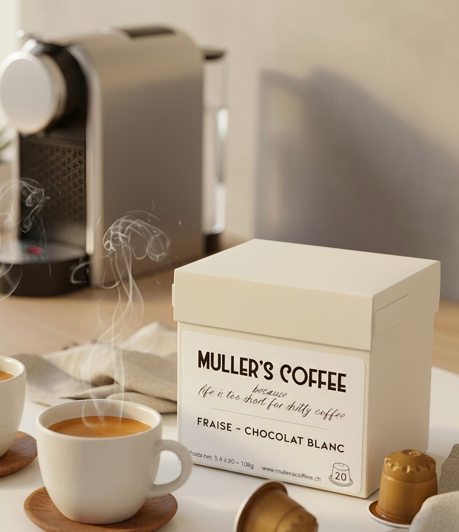 MULLER'S COFFEE Café bio en capsules avec arômes naturels de Fraise - Chocolat blanc