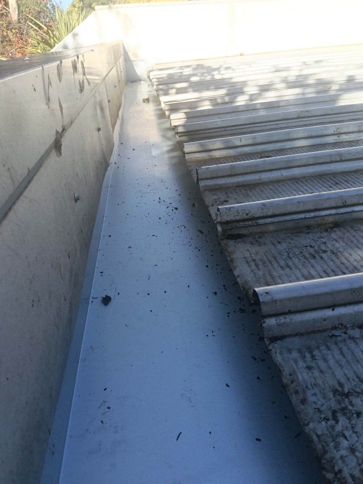 Box gutter on an Adelaide Hills home filled with gum-leaf debris before cleaning