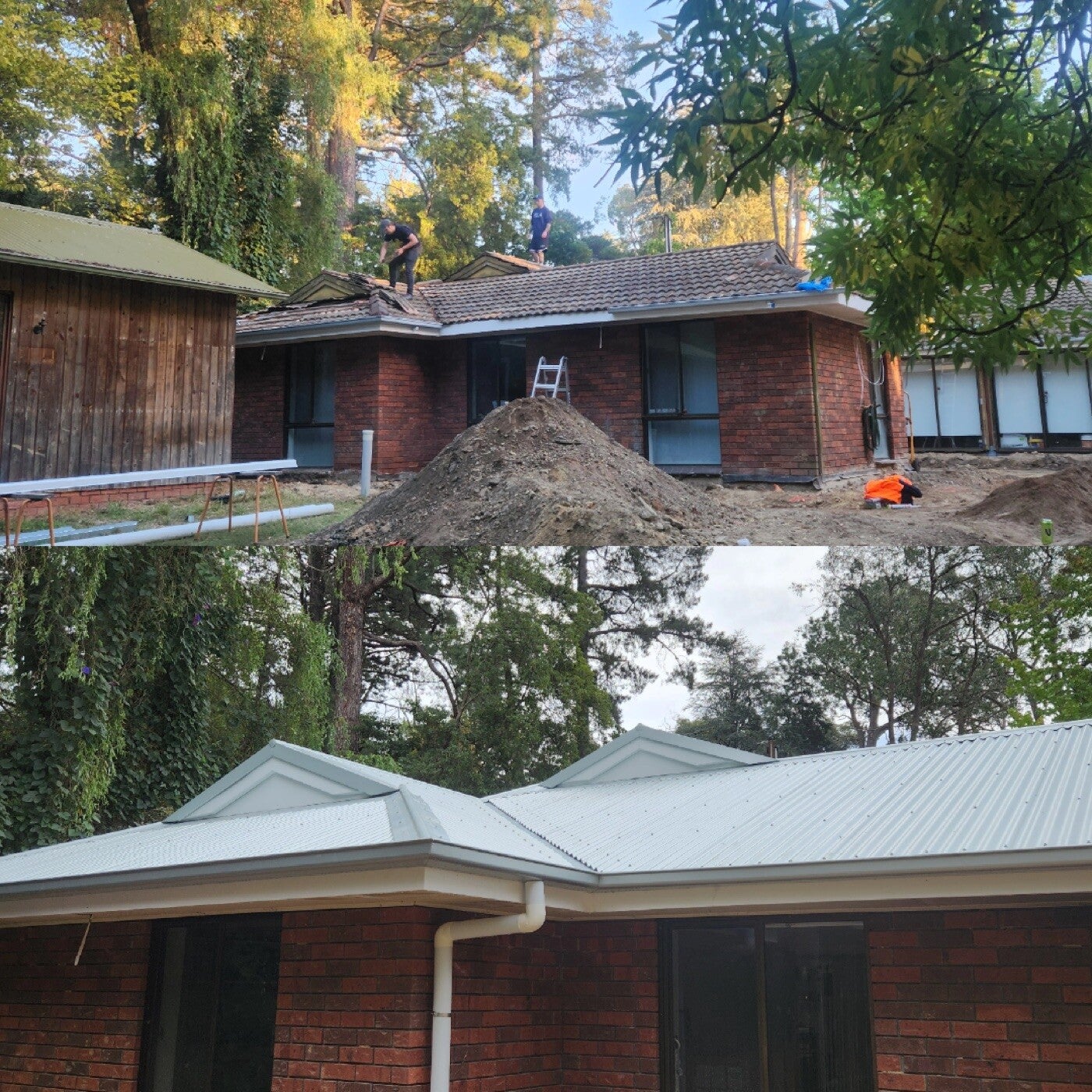 Before and after photos of a tile-to-Colorbond roof replacement on a brick home in the Adelaide Hills