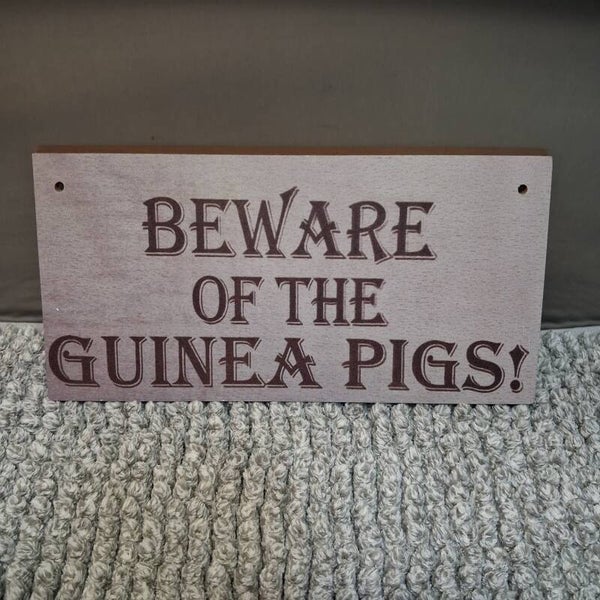 Tekstbordje (hout): Beware of the guinea pigs!