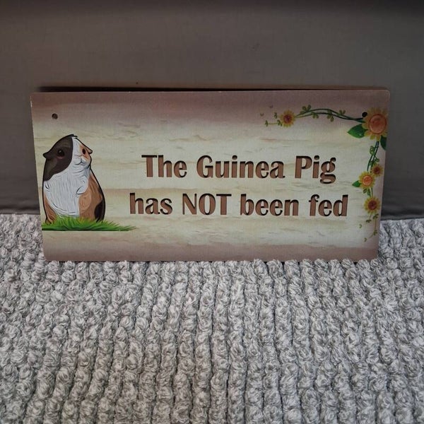 Tekstbordje (hout): The Guinea Pig has NOT been fed